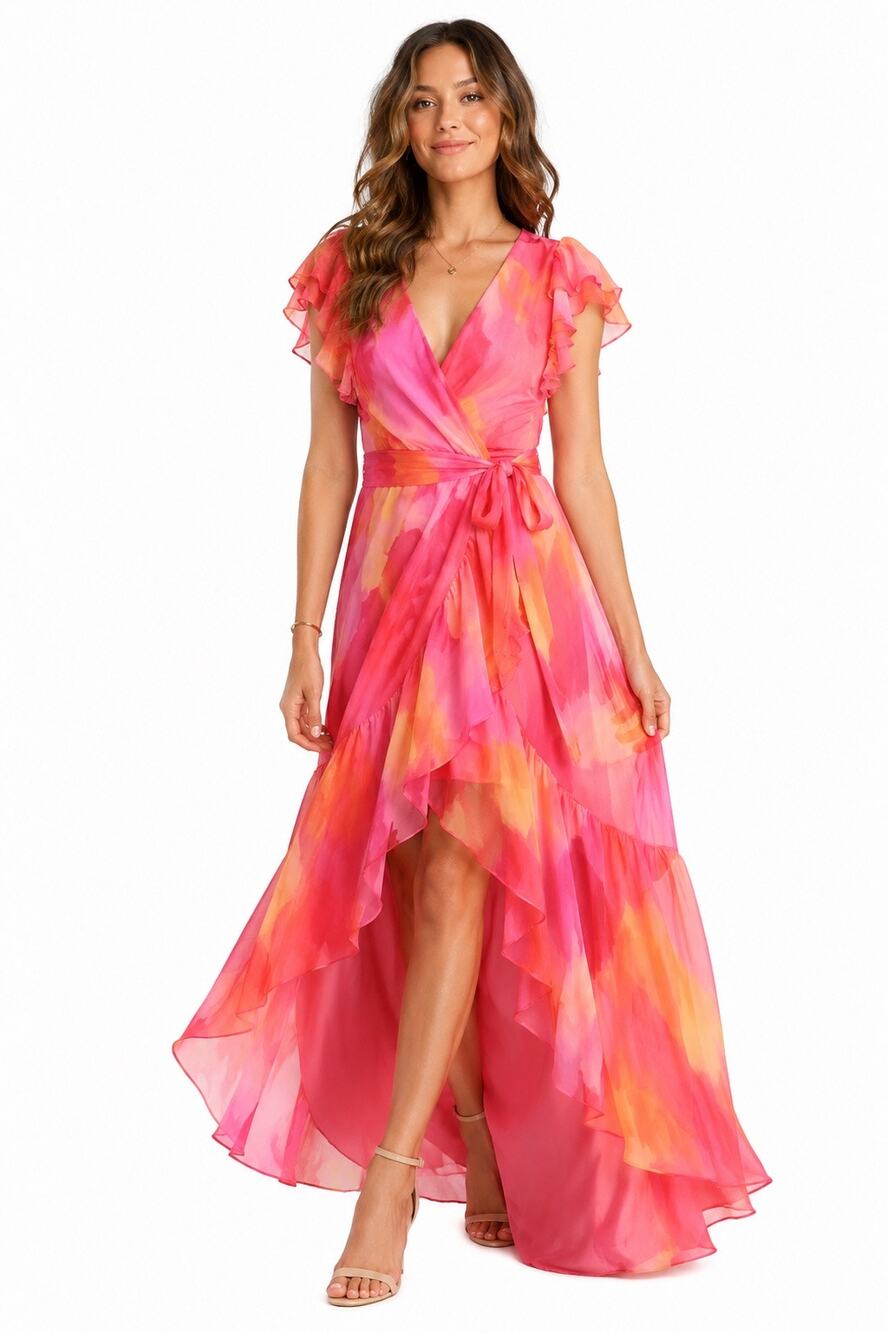 Hutch Anthropologie Watercolor Wrap Maxi Dress Pink Coral Yellow Small NWT